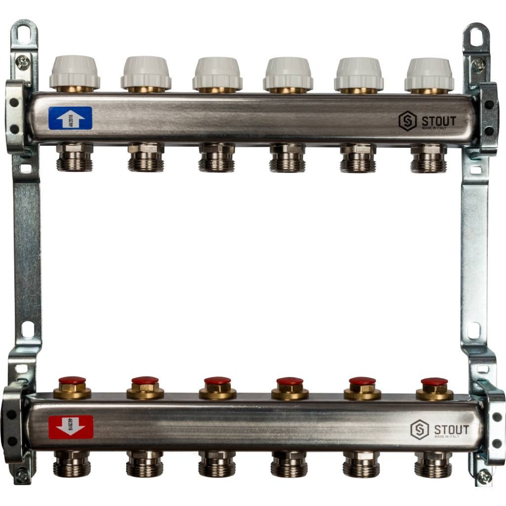 Коллектор из нерж. стали для систем напольного и радиат. отопления с вентилями на 6выходов STOUT /1/